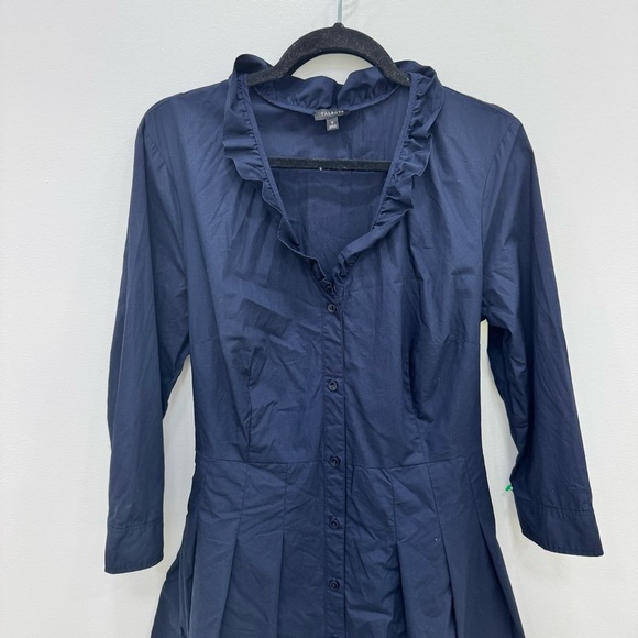 Talbots navy blue ruffle neck button-down, long sleeve shirt dress Sz 12 - Picture 3 of 6